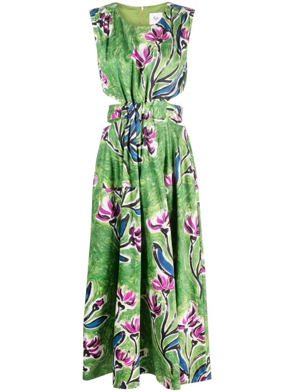 Aje Zorina Tie-back Cutout Floral Cotton Midi Dress In Green