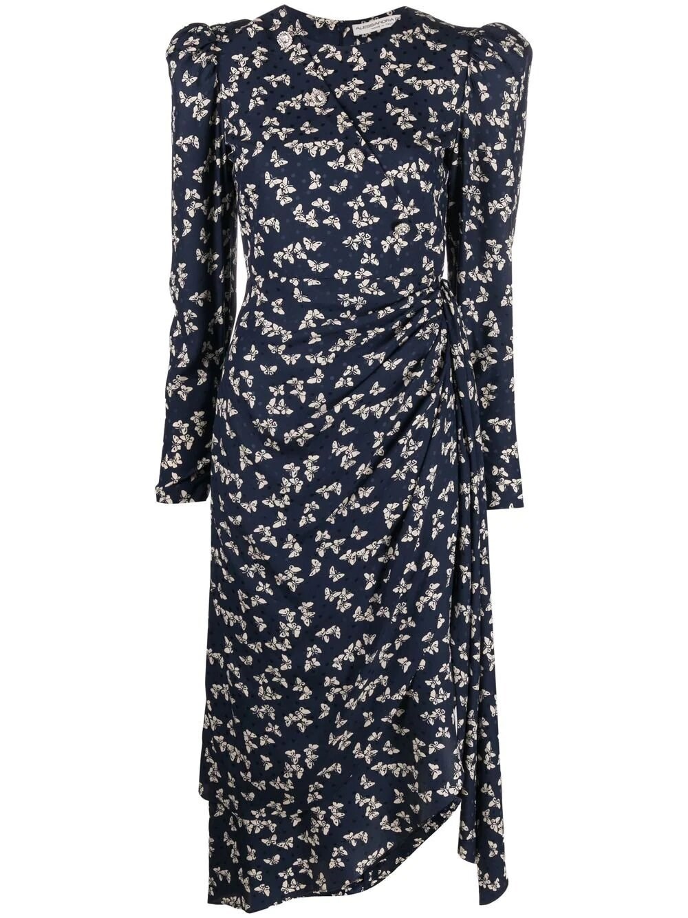 Alessandra Rich Draped Button-embellished Printed Silk-jacquard Midi Dress In Blu