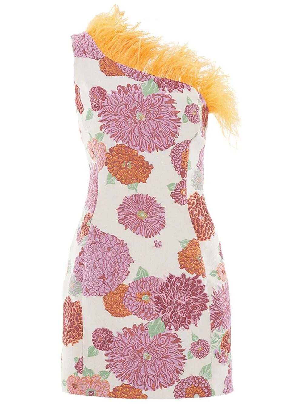 La Doublej Feather-trim Floral-print Dress In White