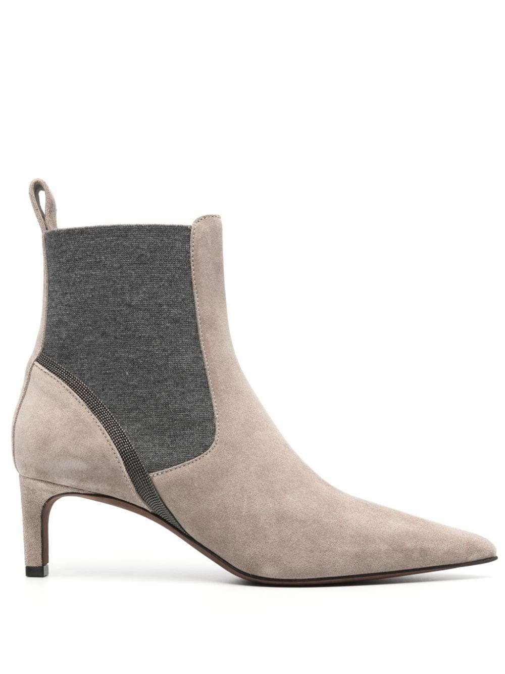 BRUNELLO CUCINELLI SUEDE HEELED BOOTS WITH SHINY CONTOUR