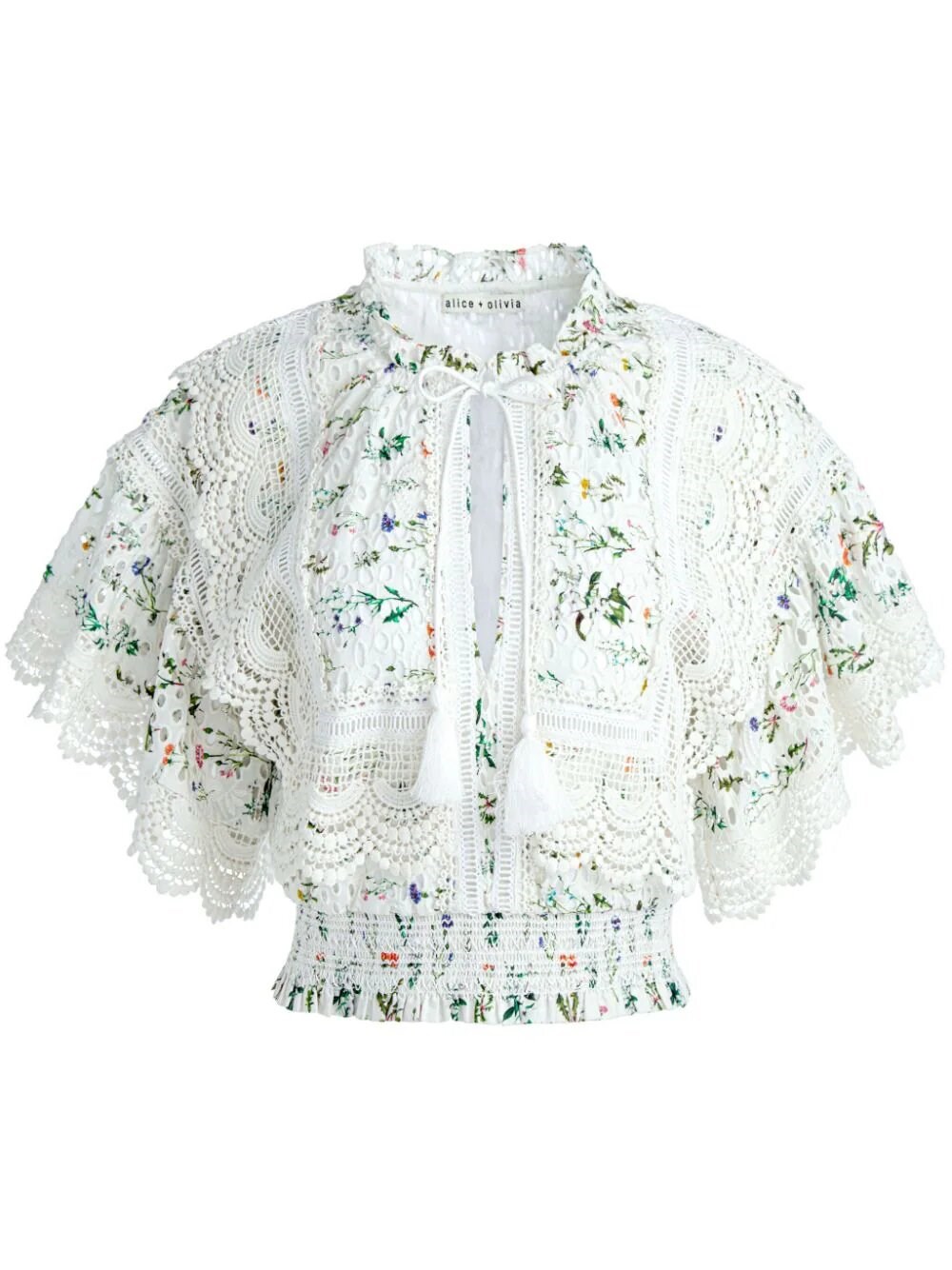 Alice And Olivia Tabitha Lace Button Front Cropped Blouse In White