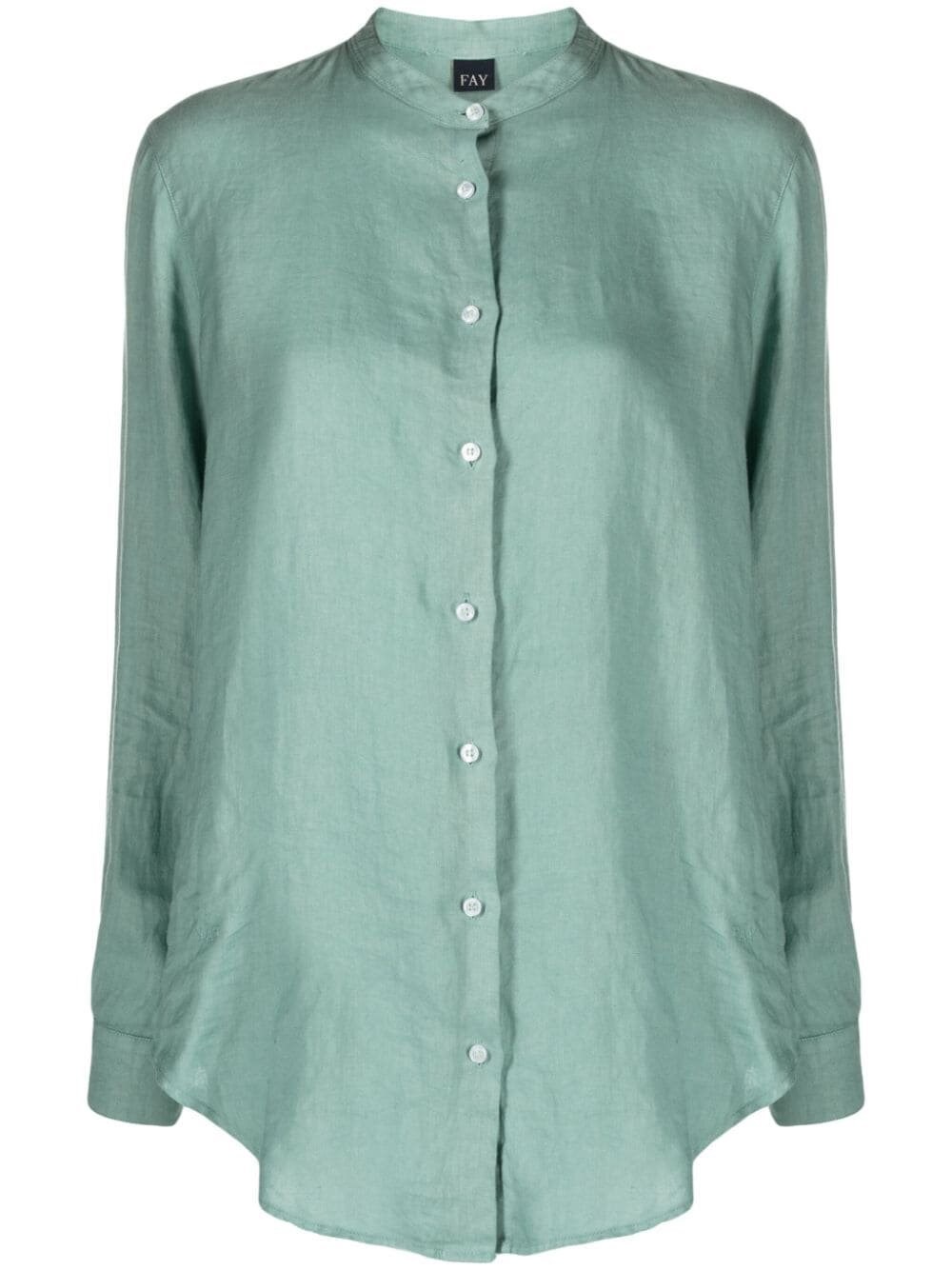 Fay Band-collar Long-sleeve Linen Shirt In Green