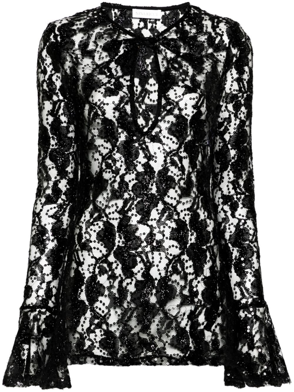 Nina Ricci Womens Black Sequin-embellished Bell-sleeve Lace Top