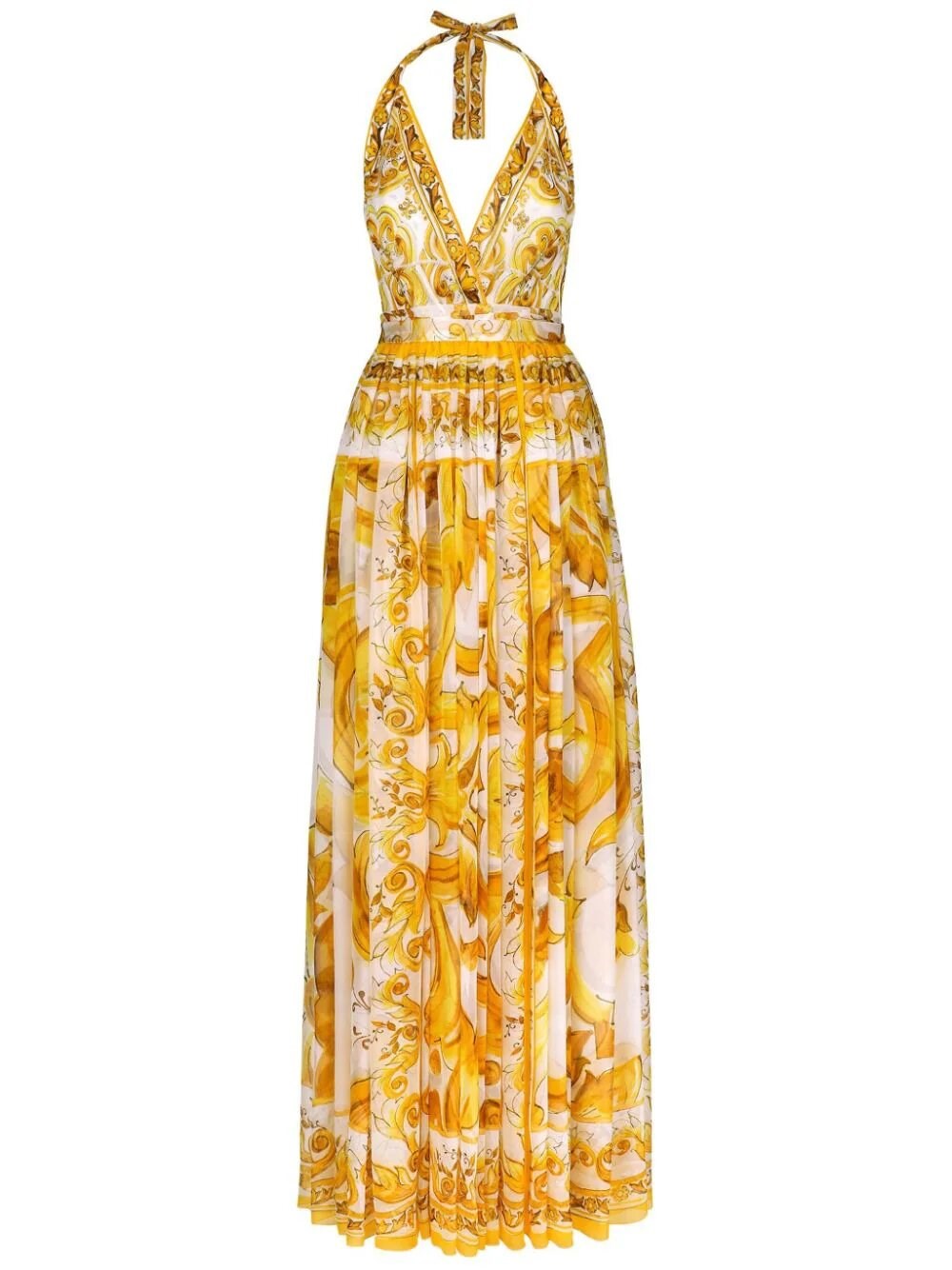 Dolce & Gabbana Majolica Print Chiffon Dress In Yellow
