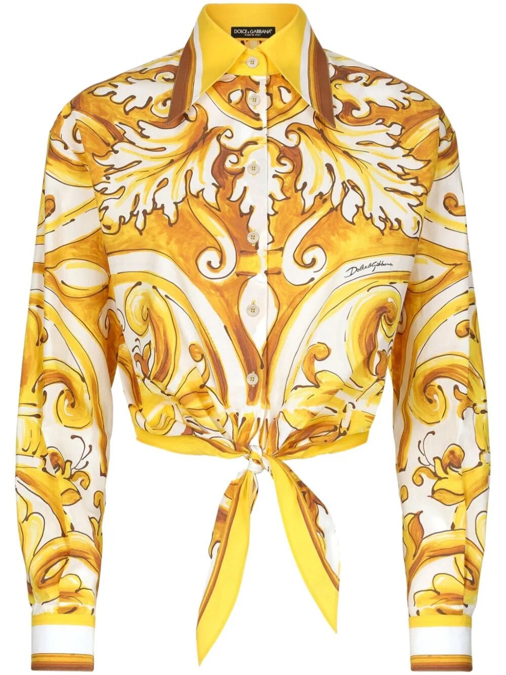 Dolce & Gabbana Majolica-print Knotted Shirt In Yellow