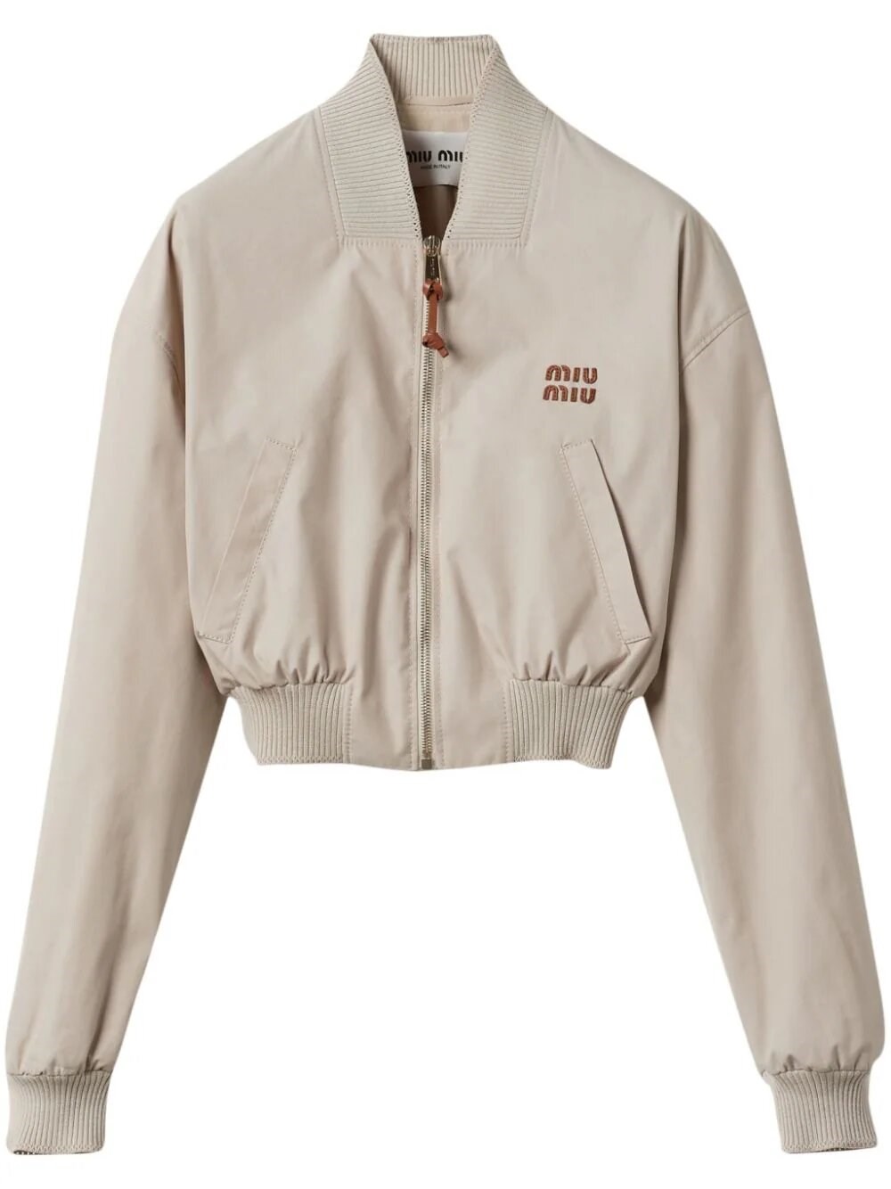 Miu Miu Long-sleeve Crop Zip Bomber Jacket In Beige