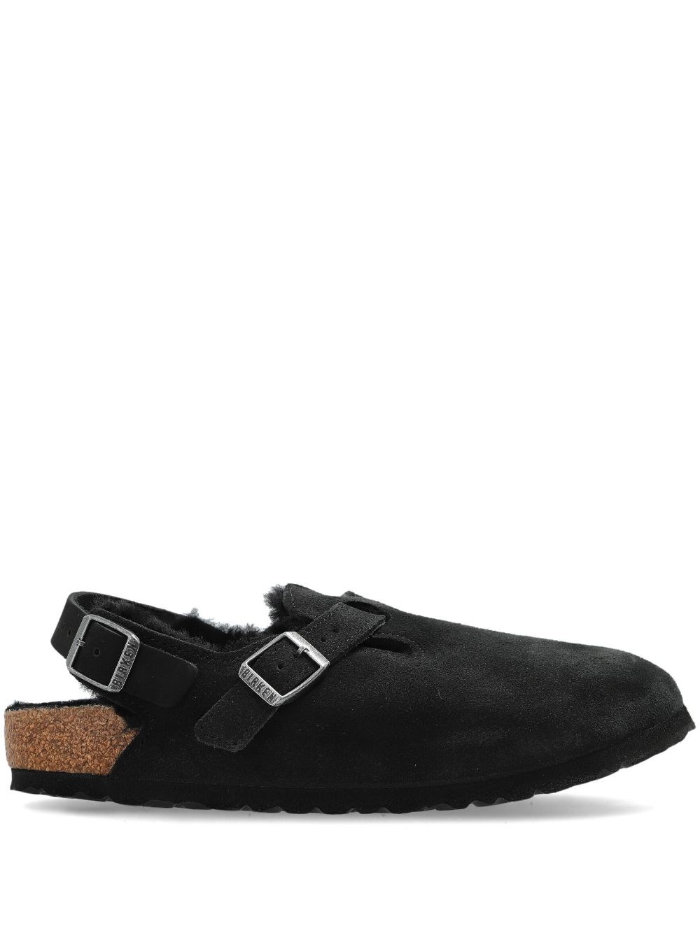 Birkenstock Buckle Cork Open Suede Mules In Black