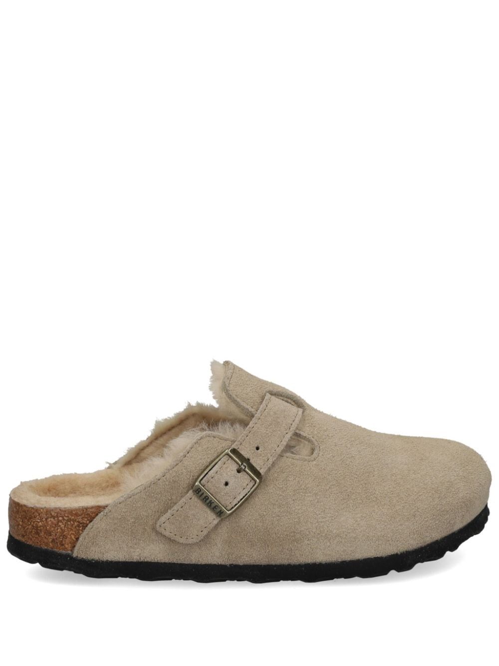 Birkenstock Boston Suede Shearling Buckle Slide Clogs In Gray