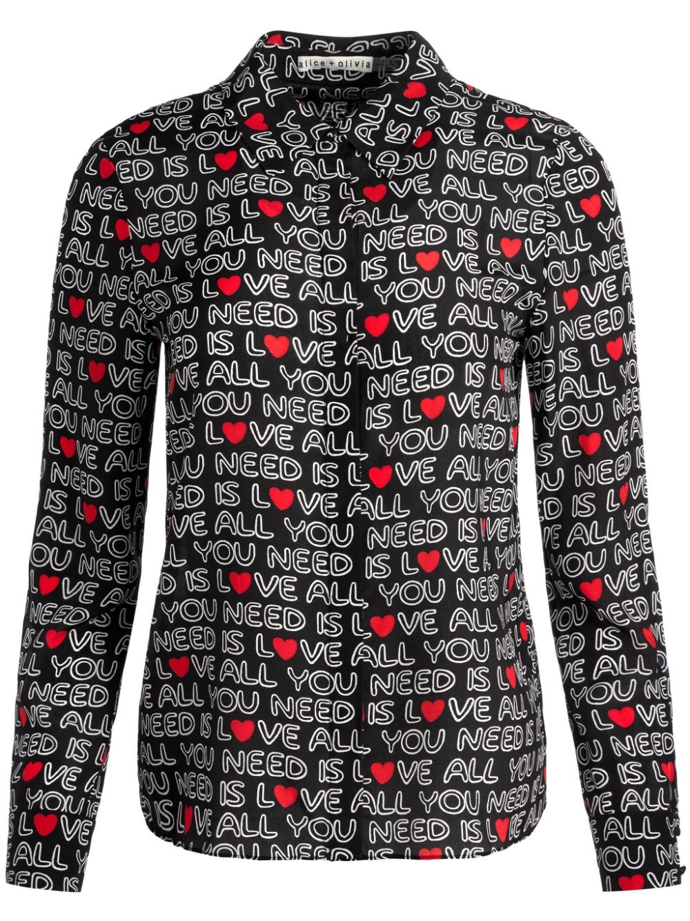 Alice And Olivia X The Beatles All You Need Is Love Willa Silk Placket Top In Black