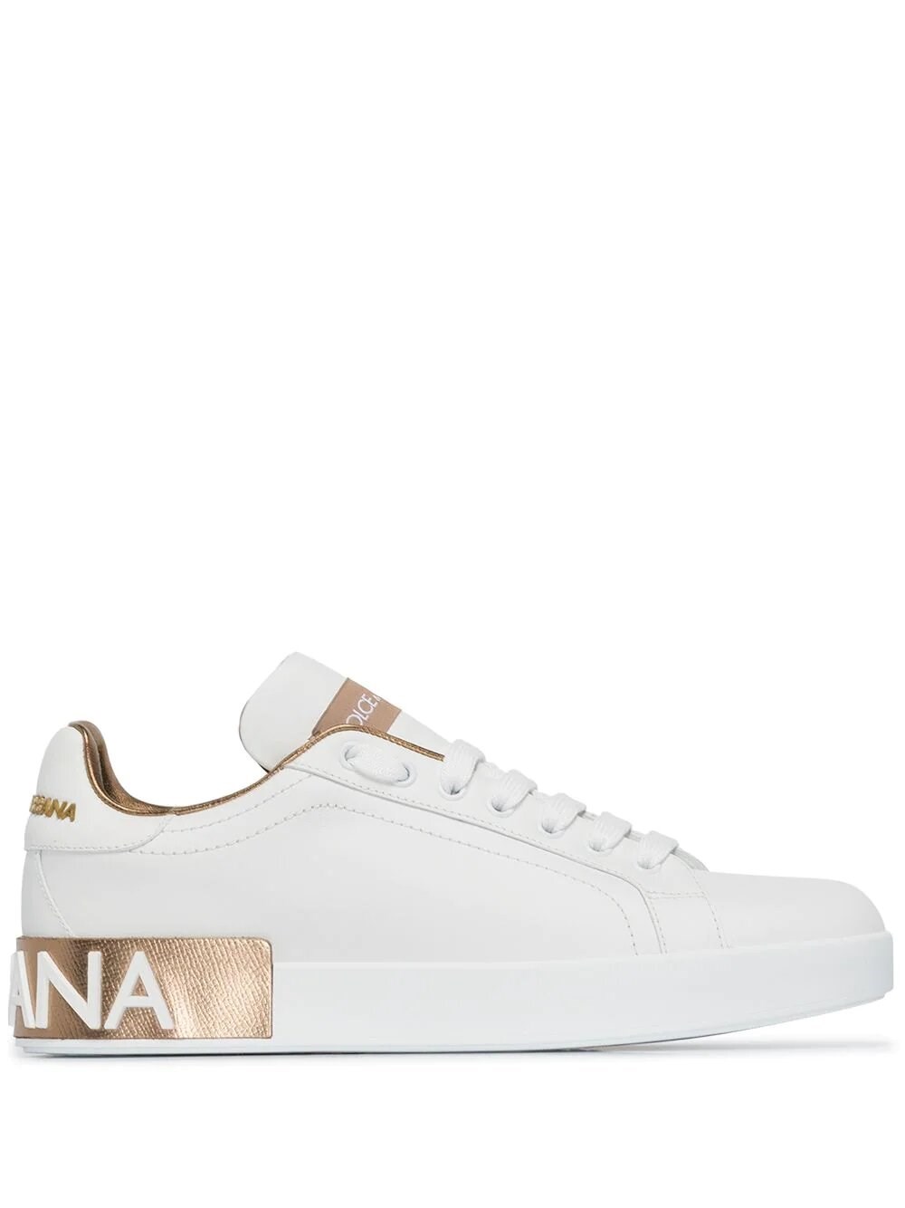 Dolce & Gabbana Portofino White And Gold Low Top Sneakers With Logo In Leather Woman In White