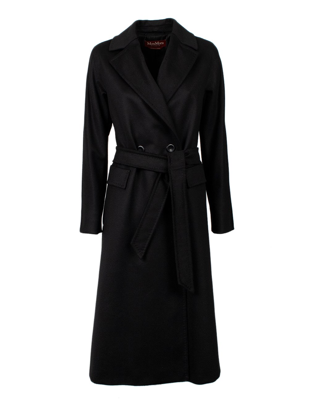 Max Mara Black Belted Long Coat With Notched Collar And Smooth Finish In Black