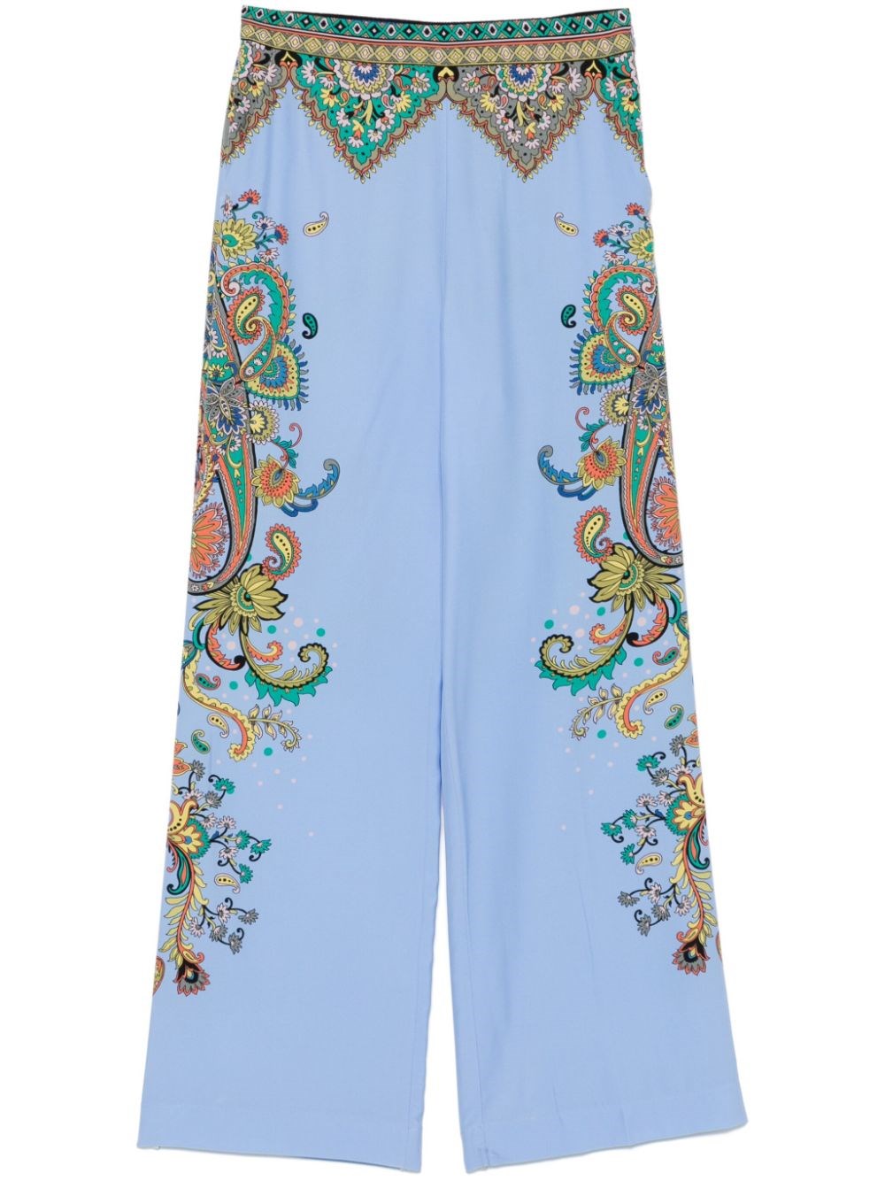 Etro Palazzo Silk Trousers With Floral And Geometric Print In Light Blue