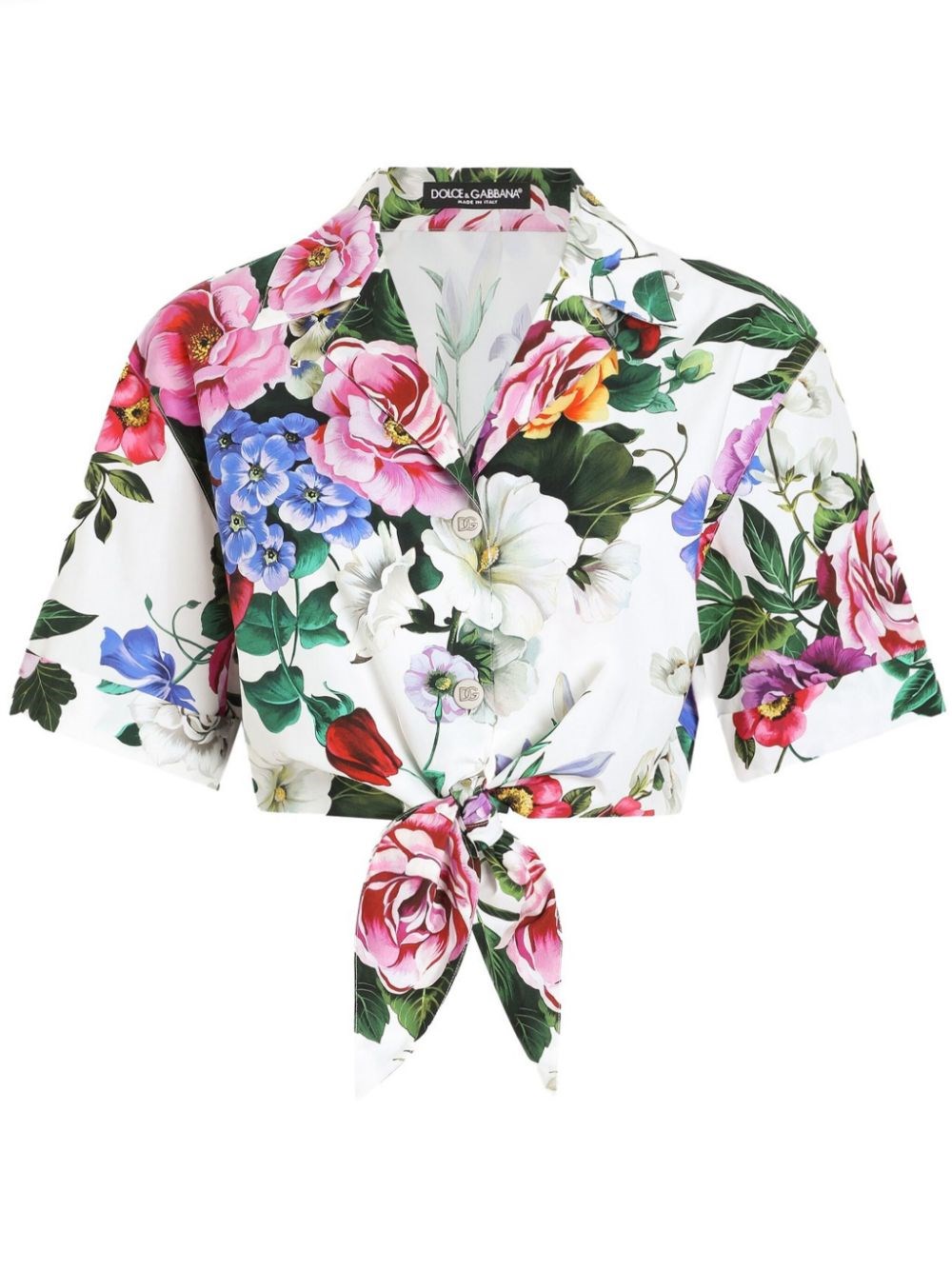 Dolce & Gabbana Multicolor Crop Shirt With All-over Floral Motif And Logo Lettering Detail On The Front In Cotton Wo In White