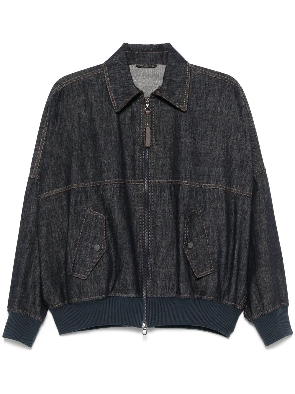 Brunello Cucinelli Denim-effect Twill Bomber Jacket With Shiny Zip In Blue