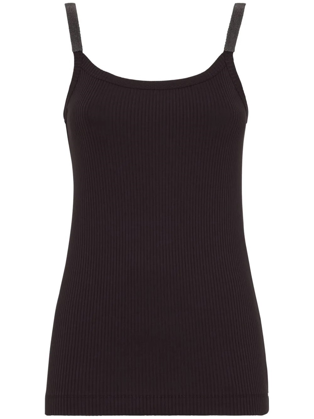 Brunello Cucinelli Stretch Cotton Ribbed Jersey Top With Precious Straps In Black