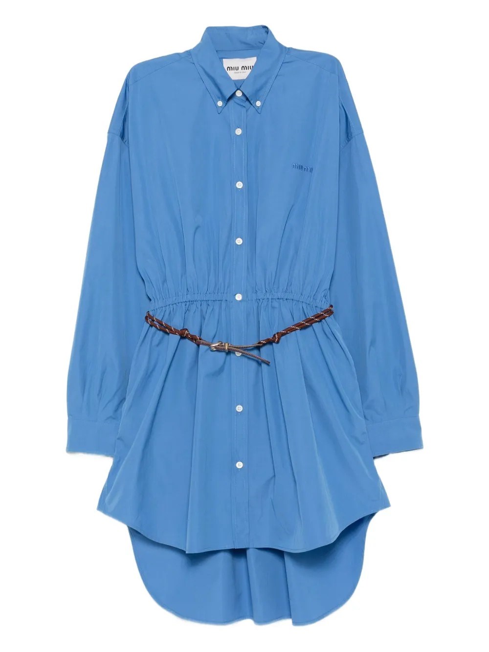 Miu Miu Waist Belted Gathered Detail Long Sleeves Dress In Blue