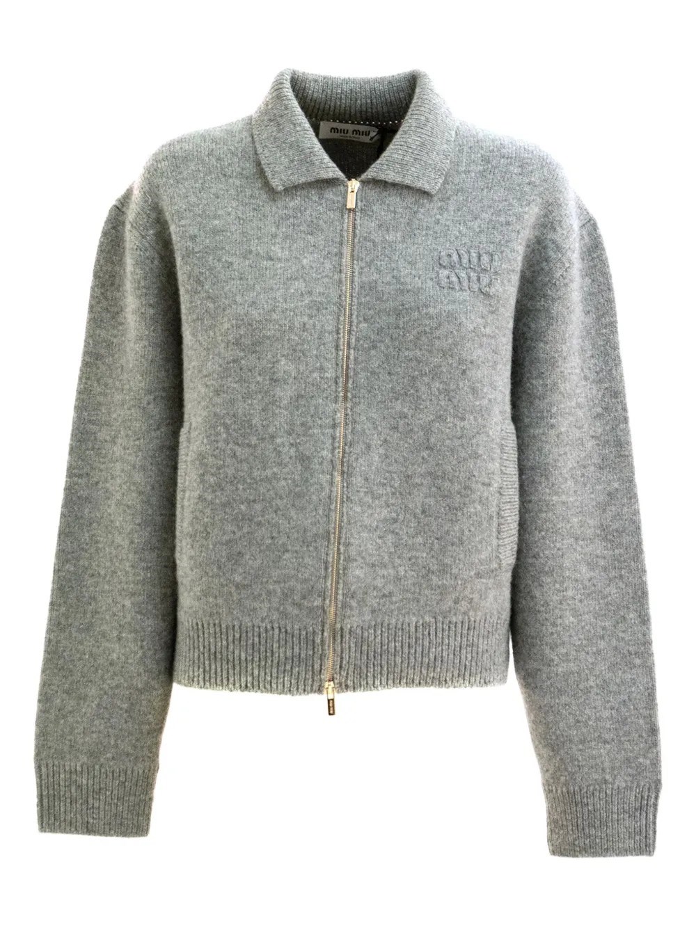 Miu Miu Zip-up Embroidered Cardigan In Gray