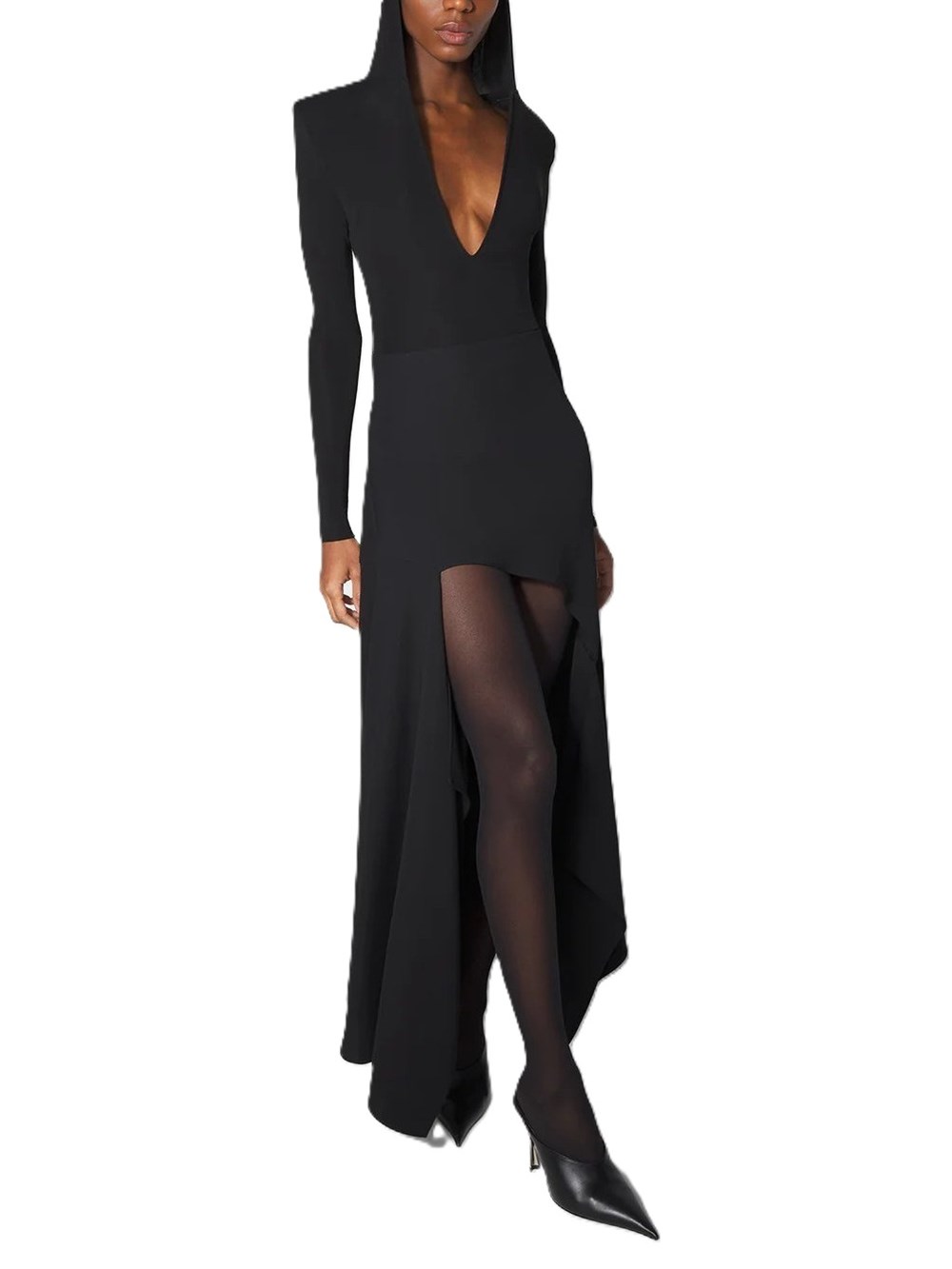 Mugler Long Sleeve Asymmetric Hem Hooded Top In Black