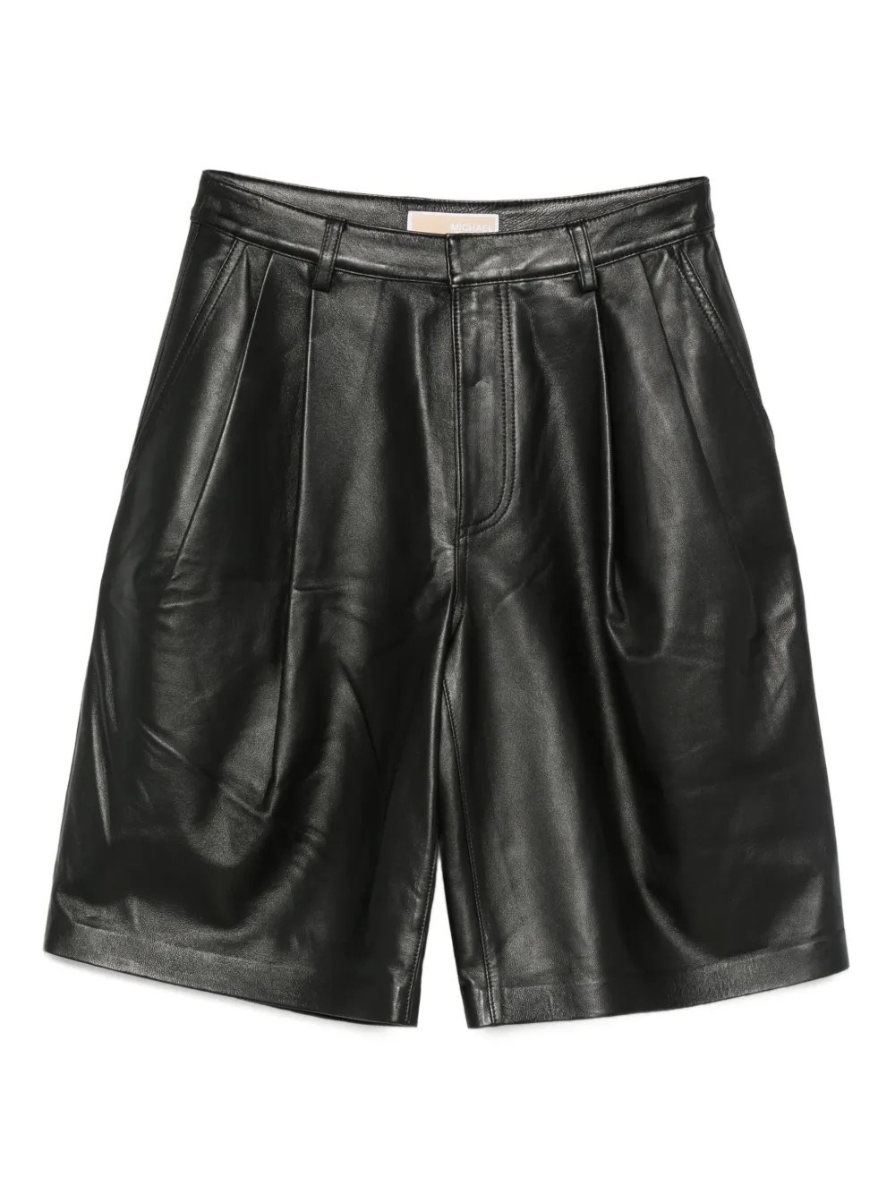 Michael Kors Black Pleated Leather Bermuda Shorts In Black