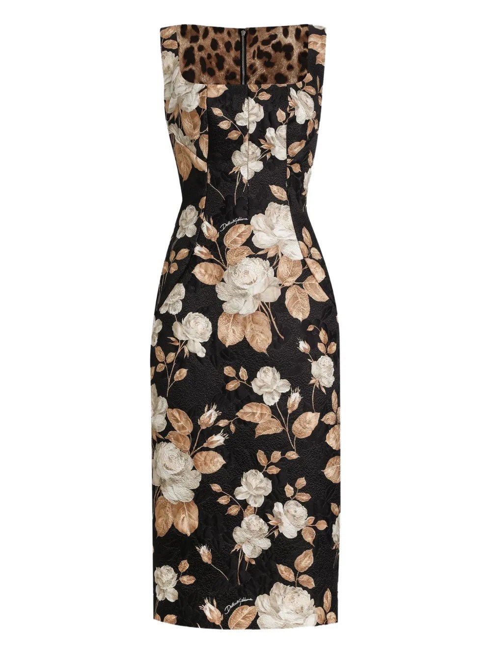Dolce & Gabbana Rose-print Square-neck Midi Dress In Black