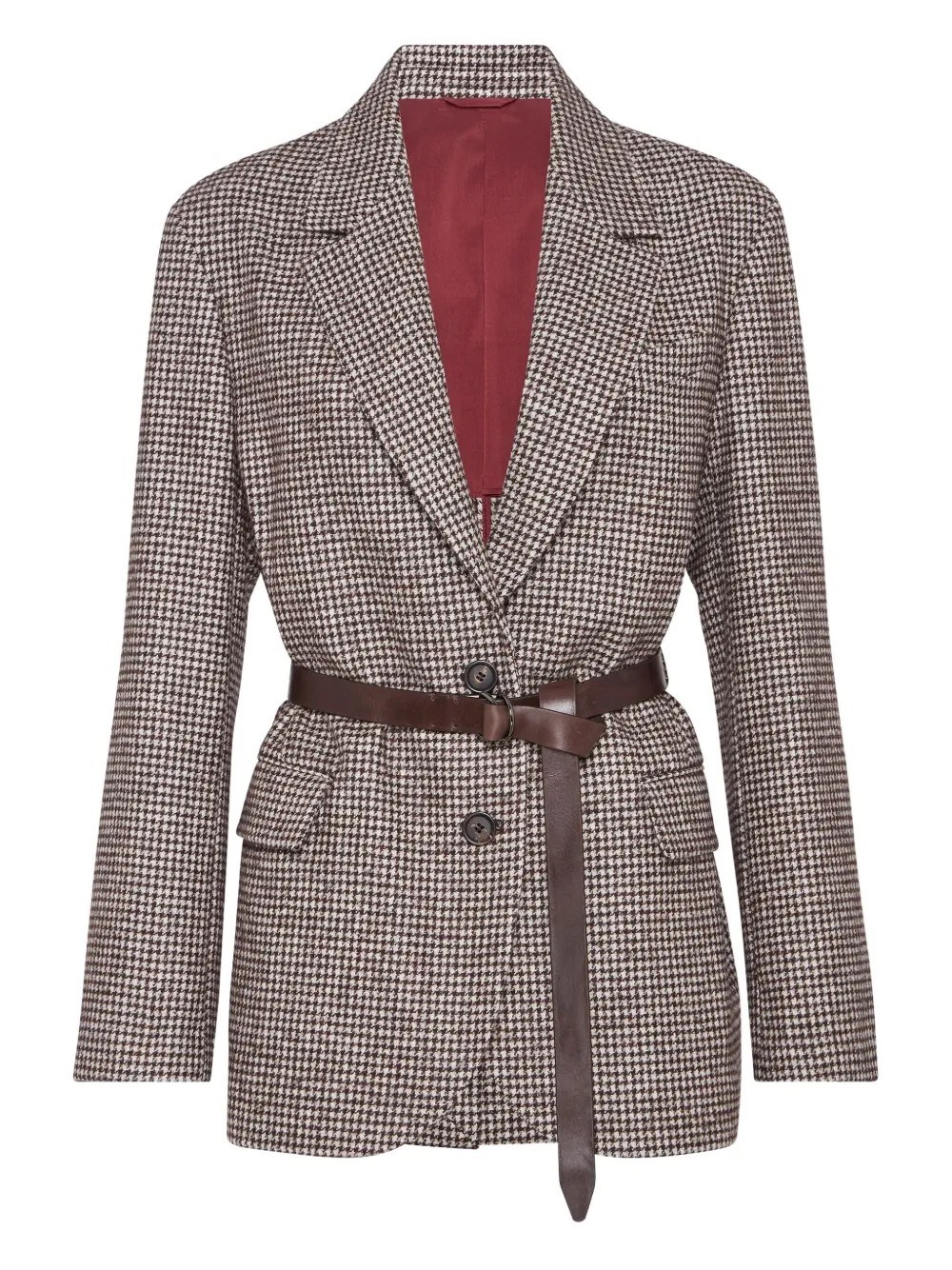 Brunello Cucinelli Tailored Houndstooth Blazer With Matching Waist Belt In Brown