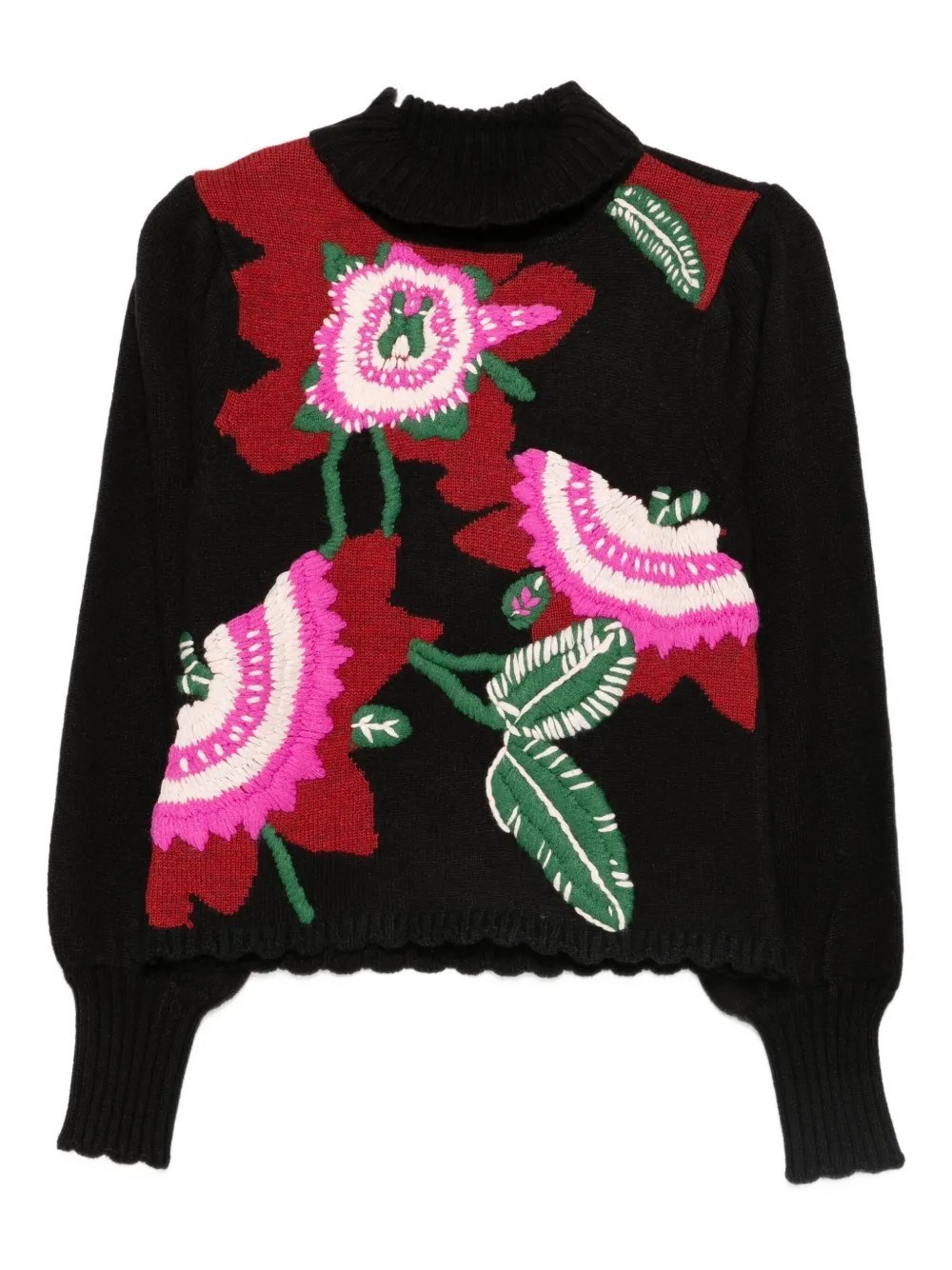Farm Rio Mock-neck Embroidered Pullover Sweater In Black