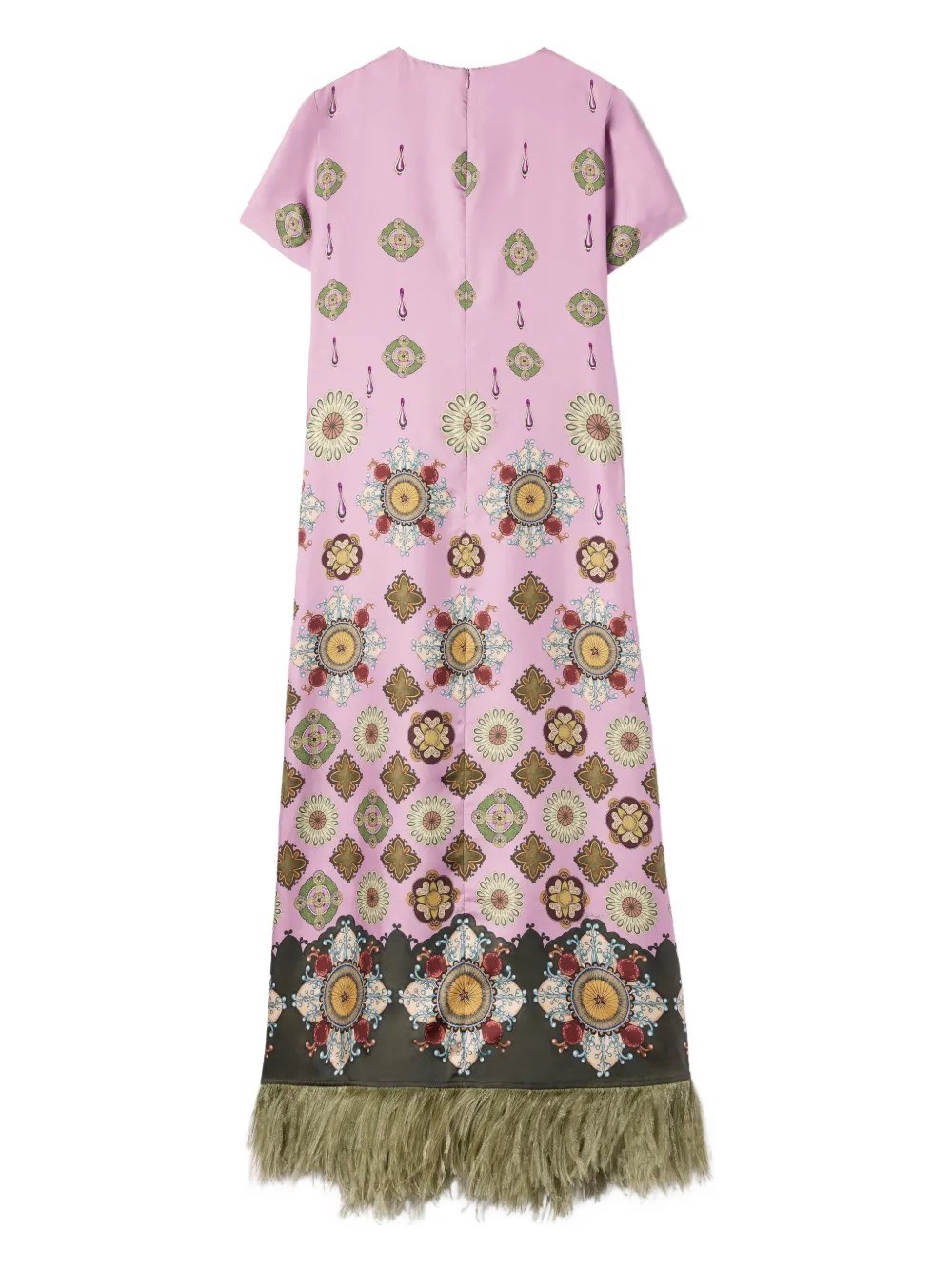 La Doublej Swing Feather-trimmed Printed Silk-twill Maxi Dress In Purple
