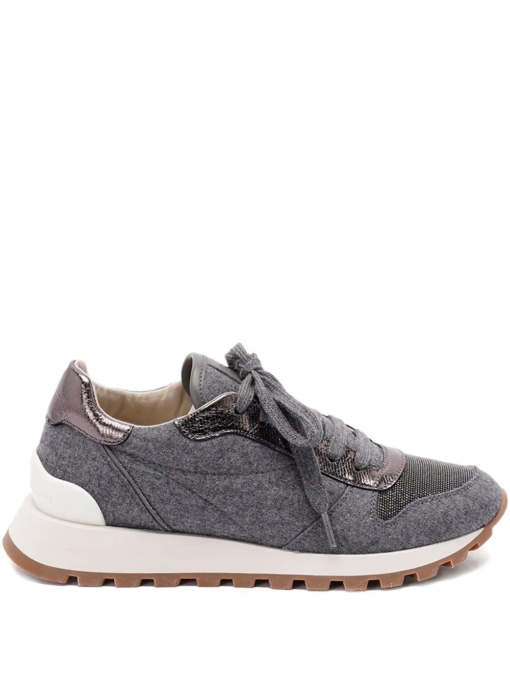 Brunello Cucinelli Textured Fabric Flats With Metallic Accents In Gray