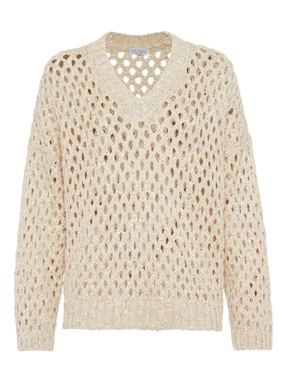 Brunello Cucinelli Sequined Open-knit Silk Sweater In Neutral