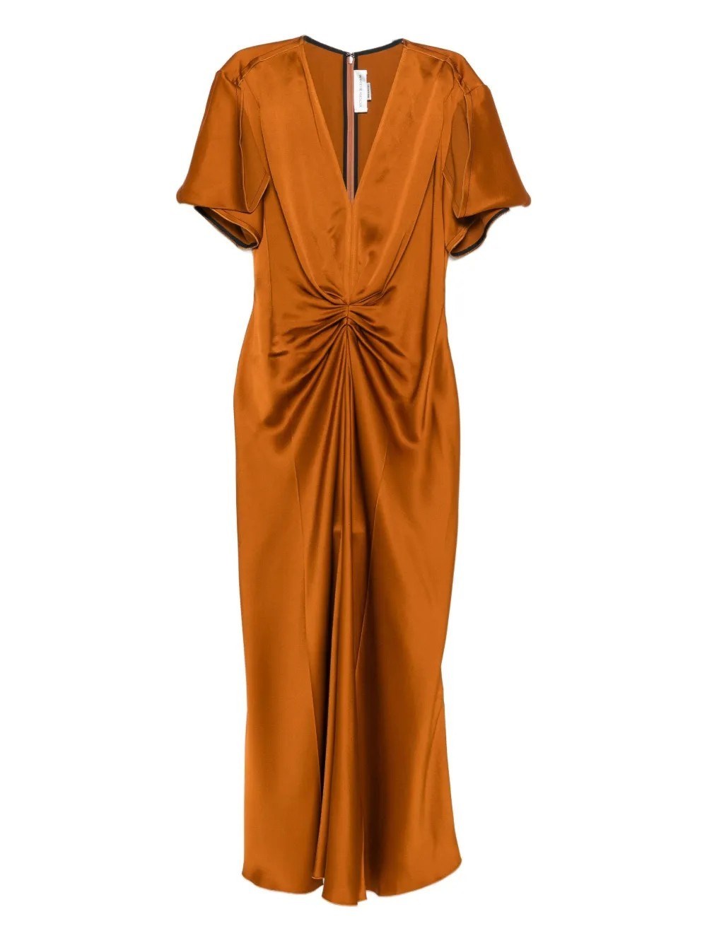 Victoria Beckham Midi Dress With V Neck And Ruched Detail In Gold
