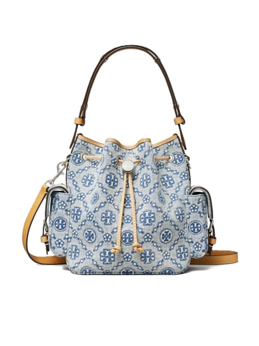 Tory Burch T Monogram Denim Bucket Bag With Pockets　Tory Burch T モノグラム デニム バケット バッグ ポケット付き Tory