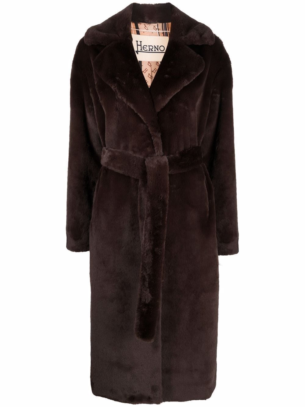 Herno Belted Faux Fur Coat In Marrone