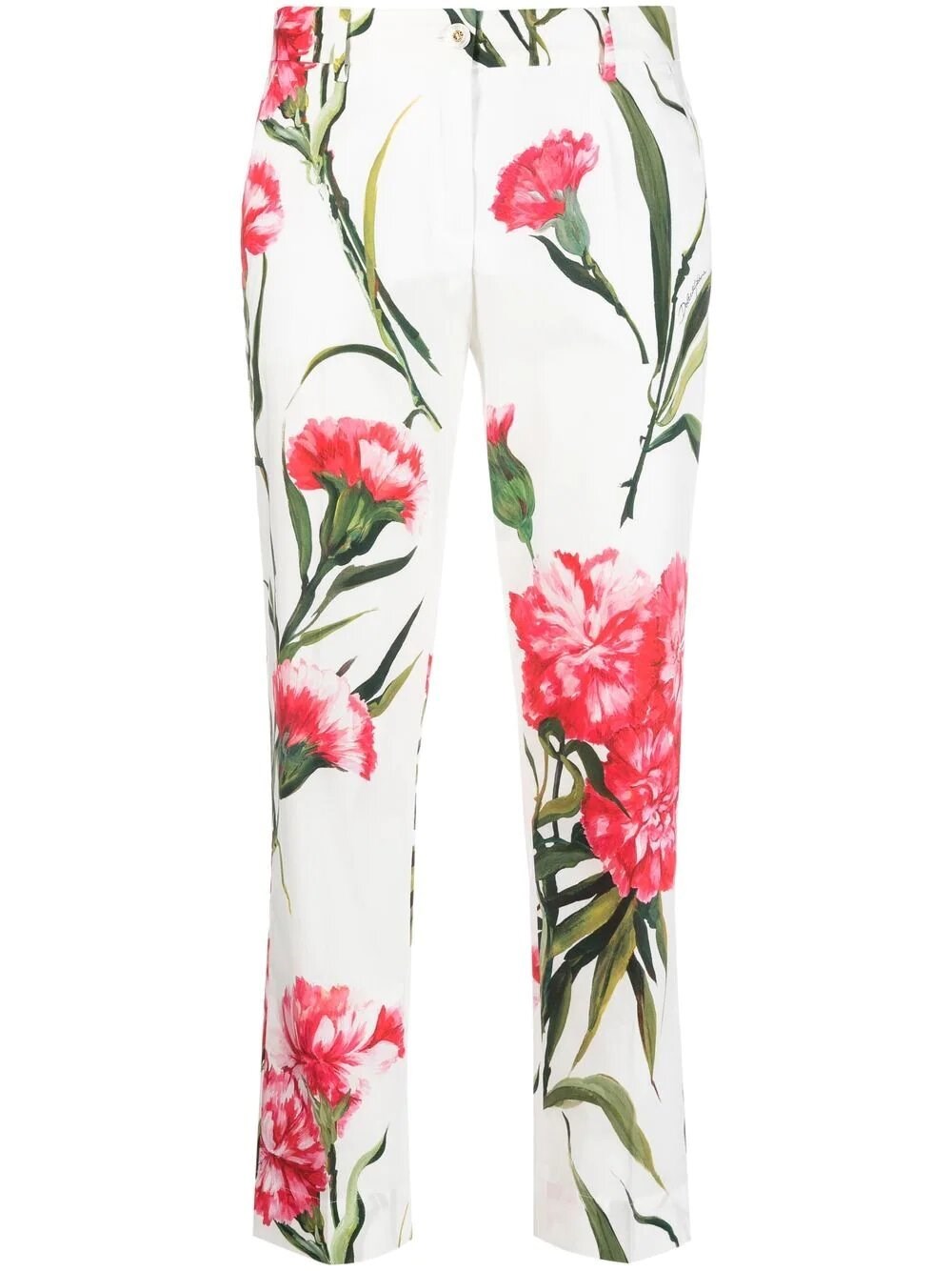 Dolce & Gabbana Carnation Print Stretch Cotton Crop Pants In Bianco