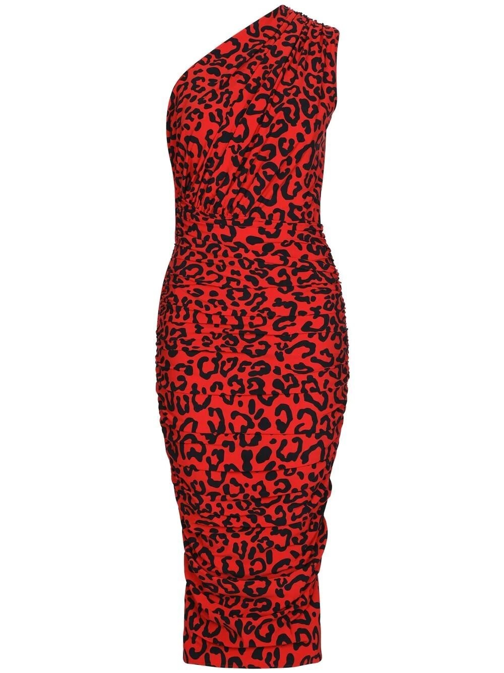 Dolce & Gabbana Leopard-print Ruched One-shoulder Midi Dress In Nero