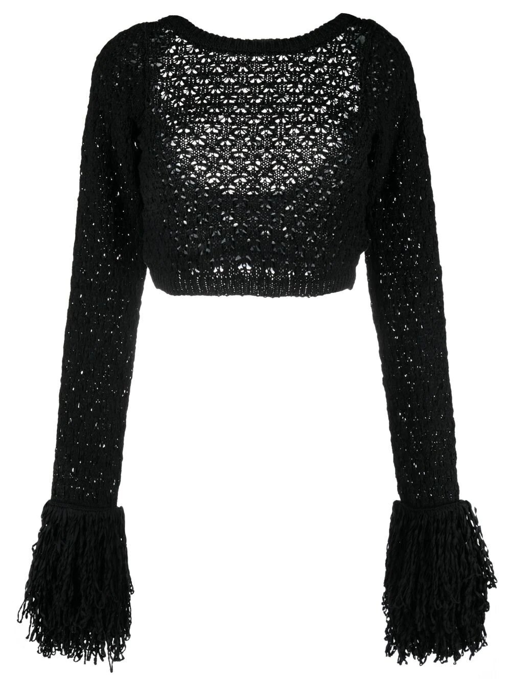 Rotate Birger Christensen Open-back Fringed Crop Top In Black