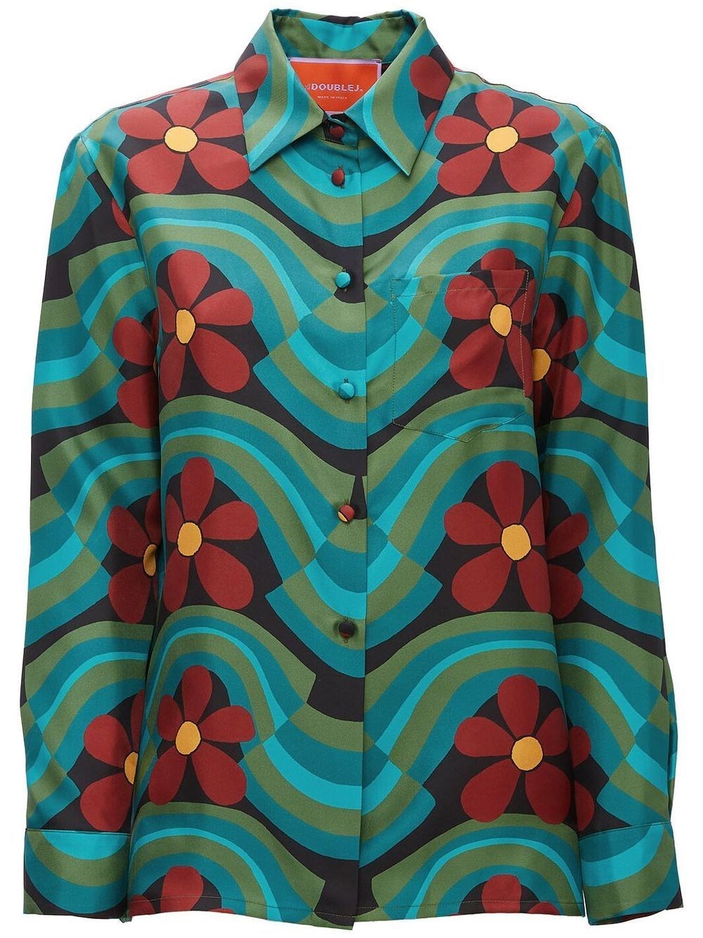 La Doublej Boy Flower And Wave Print Button-down Silk Shirt In Azzurro